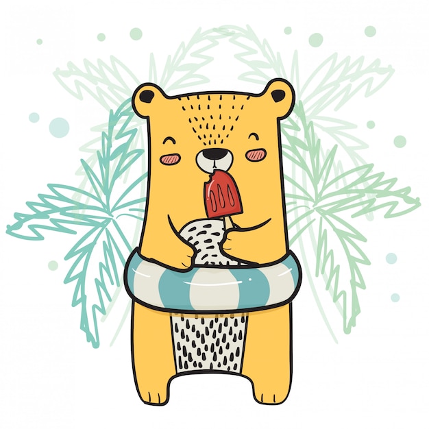 Desenho de urso amarelo bonito com anel de vida com sorvete de picolé de morango no horário de verão Vetor Premium