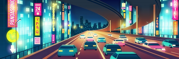 Desenhos animados da vida noturno da metrópole com os carros que vão na estrada ou na autoestrada quatro-line iluminadas com os quadros indicadores de néon brilhantes na ilustração da noite. cidade ao ar livre Vetor grátis