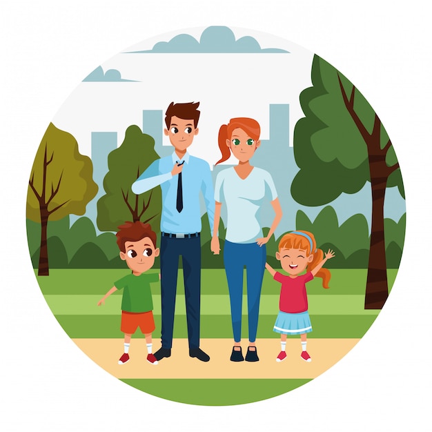 Desenhos animados pais e filhos no parque | Vetor Premium