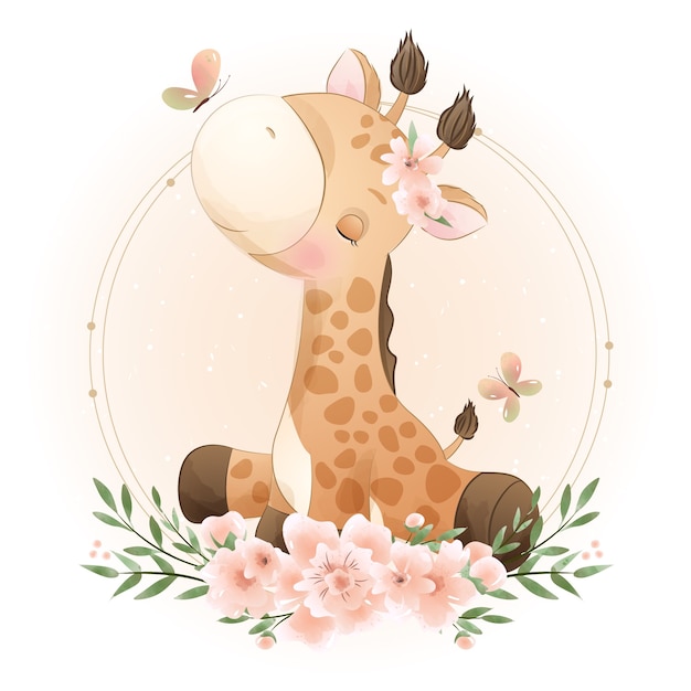 Desenhos De Girafa Fofa Ilustra O Floral Vetor Premium