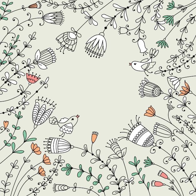 Design de banner com flores, pássaros e lugar para texto Vetor Premium