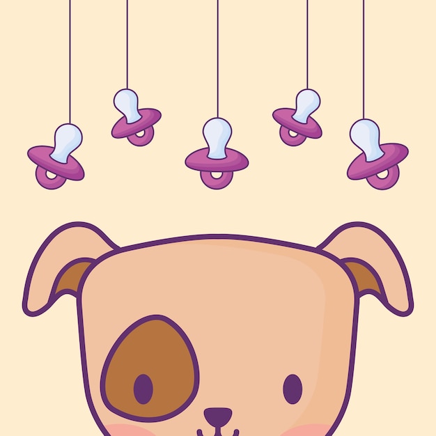 Design de chuveiro de bebê com cachorro fofo e chupetas penduradas Vetor Premium