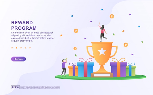 Design de conceito de programa de recompensa, pessoas recebendo recompensas em dinheiro e presentes de compras on-line Vetor Premium