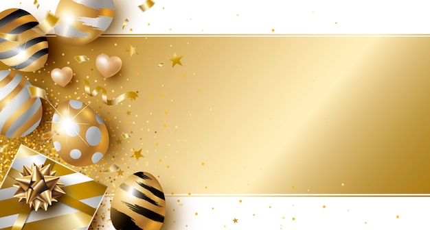 Design de dia de páscoa de ovos de ouro e caixa de presente Vetor Premium