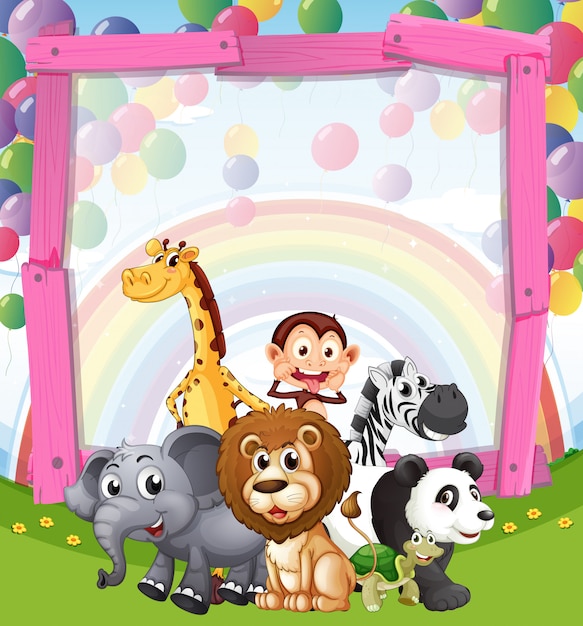 Design de fronteira com animais selvagens no campo Vetor Premium