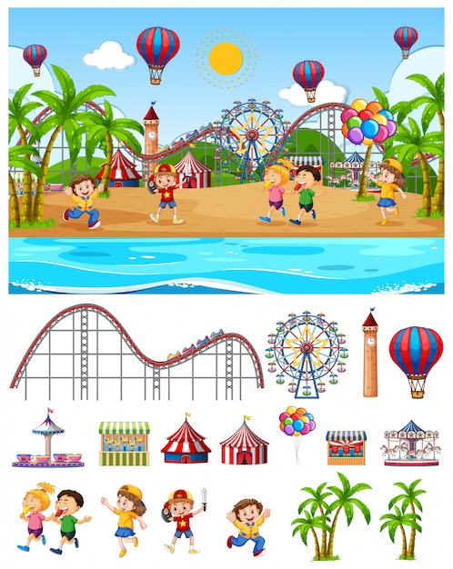 Design de fundo de cena com crianças no parque de diversões na praia Vetor grátis