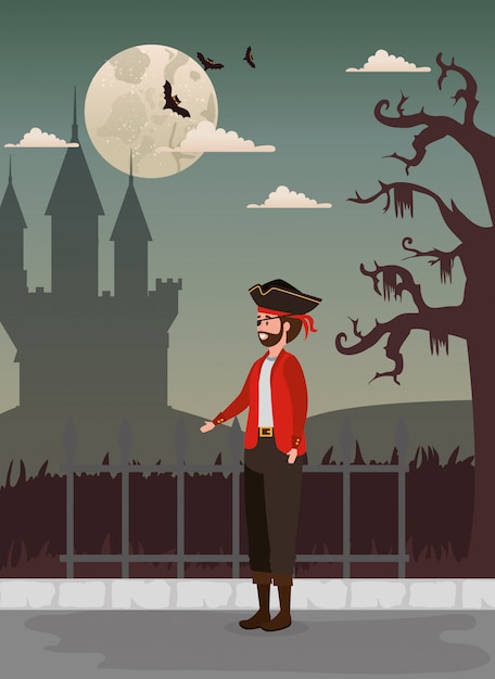 Design de halloween com pirata e castelo Vetor grátis