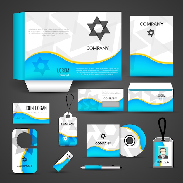 Design de identidade corporativa, modelo de marca. cartão de visita, capa, envelope, cd, dvd, usb, cartão de identificação, pasta Vetor Premium