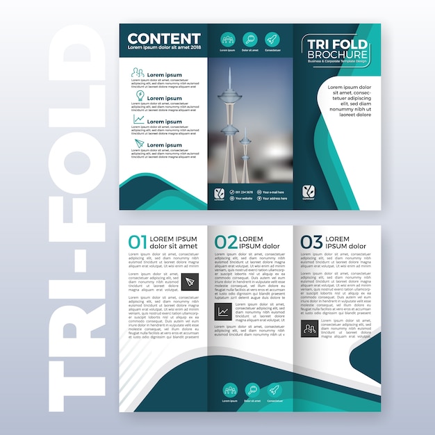 Design de modelo de folheto tri-fold de negócios com esquema de cores turquesa em formato de tamanho A4 com sangramentos Vetor grátis Design de modelo de folheto tri-fold de negócios com esquema de cores turquesa em formato de tamanho A4 com sangramentos Vetor grátis
