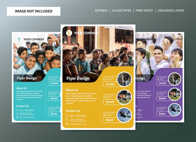 Design de modelo de panfleto de escola com 3 opções de cores Vetor Premium