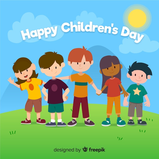 Design plano de dia das crianças com crianças de mãos dadas Vetor grátis