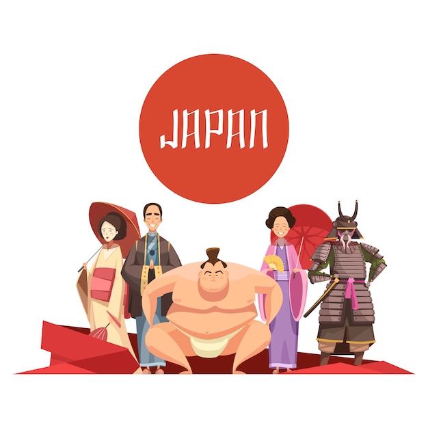 Design retro dos desenhos animados de pessoas japonesas com o homem e as mulheres no lutador de sumo de samurai de vestuário nacional Vetor grátis
