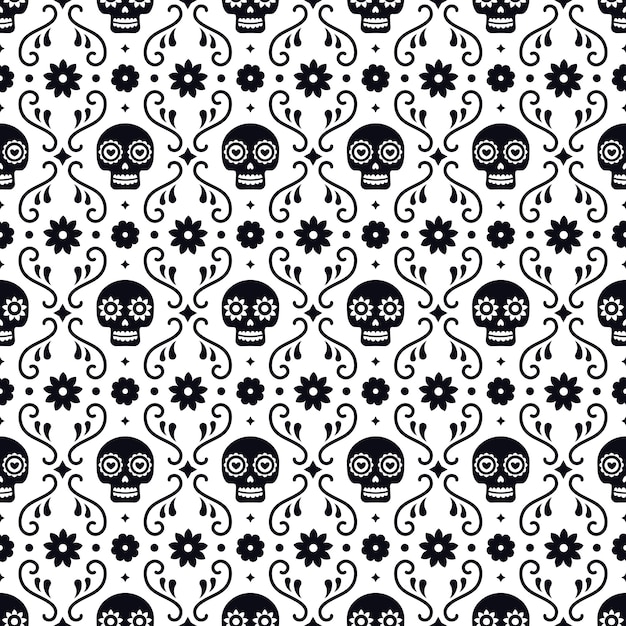 Dia do morto padrão sem emenda com caveiras e flores sobre fundo branco. design mexicano tradicional do dia das bruxas para a festa natalícia de dia de los muertos. ornamento do méxico. Vetor Premium