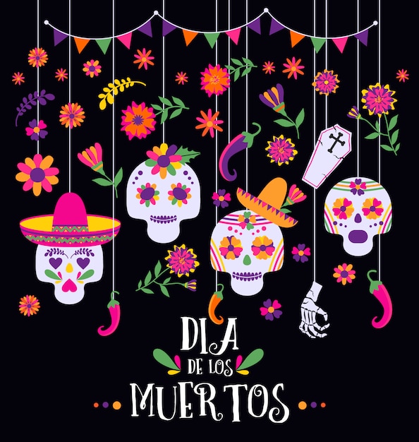 Dia dos mortos, dia de los muertos, banner com flores coloridas