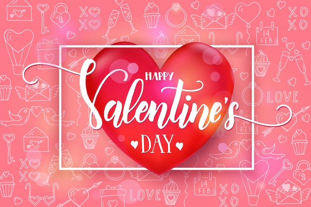 Dia dos namorados com coração vermelho 3d e moldura em rosa padrão com mão desenhada amor linha arte símbolos. esboço. feliz dia dos namorados. Vetor Premium