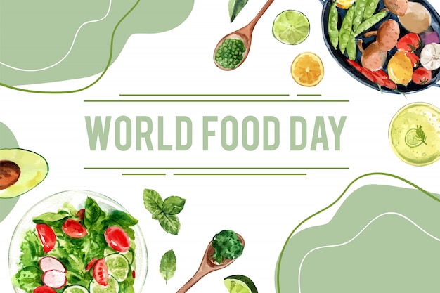 Dia mundial da comida quadro com ervilhas, abacate, manjericão, ilustração em aquarela de pepino. Vetor grátis
