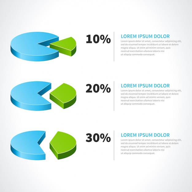 Diagramas circulares 3d e elementos de design vector por cento isolados no fundo branco para infográficos Vetor Premium