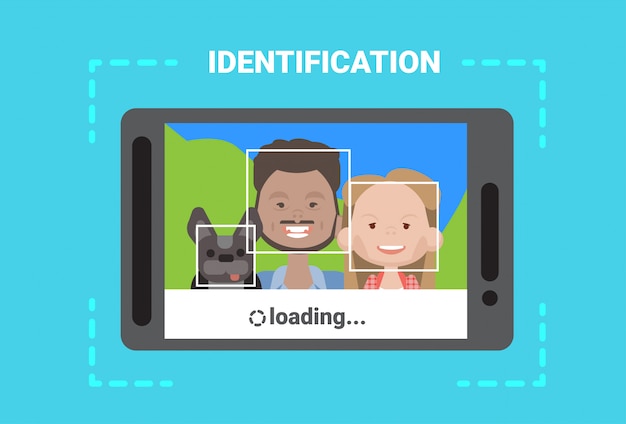 Digitalização de tablet digital user face loading sistema de identificação controle de acesso tecnologia moderna Vetor Premium