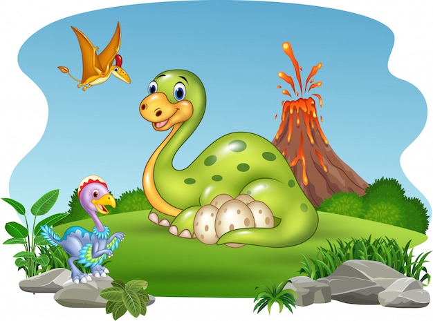 Dinossauro dos desenhos animados com seus ovos na selva Vetor Premium
