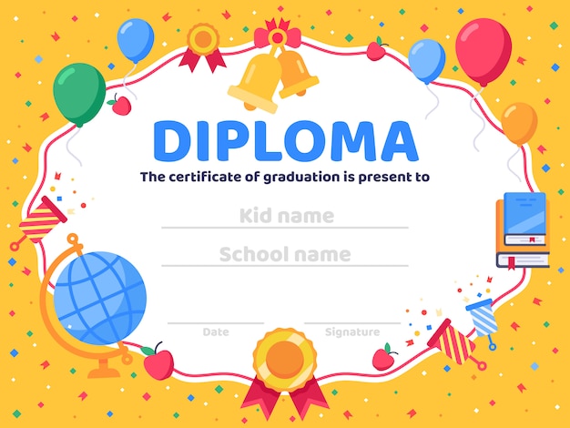 Diploma De Graduacao Graduacao Da Escola Parabens Graduados E Ilustracao De Certificado De Crianca Ou Jardim De Infancia Pre Escolar Vetor Premium