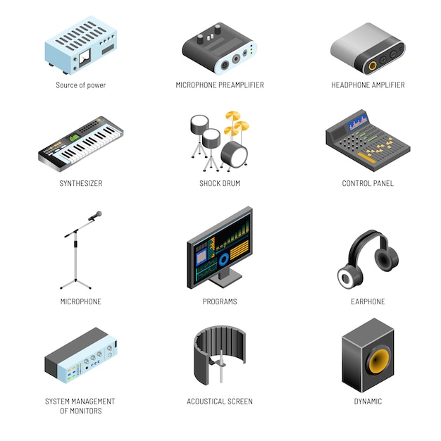 Dispositivos de comunicação e adaptadores de conexão ou controladores de sistema de som e vídeo Vetor Premium
