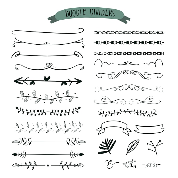 Divisores desenhados à mão. doodle conjunto de linhas, seta de fronteiras. Vetor Premium
