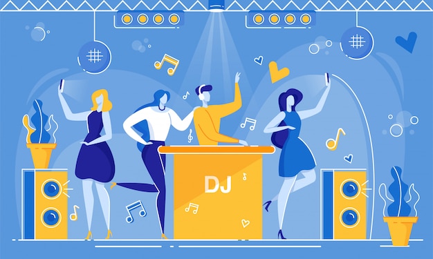 Dj tocar música mulher fangirl tomar selfie boate Vetor Premium