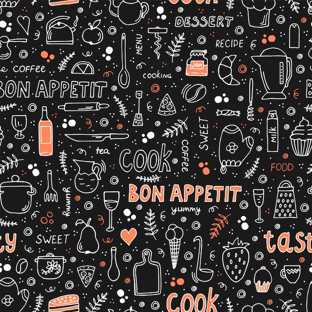Doodle a ilustração do estilo com alimento e utensílio de cozimento. padrão sem emenda com símbolos diferentes. Vetor Premium