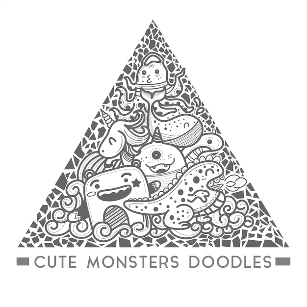 Doodle bonito do monstro no vetor do frame do estilo do triângulo. Vetor Premium