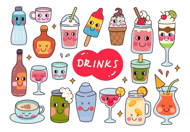 Doodle De Bebidas Kawaii Isolado No Fundo Branco Vetor Premium