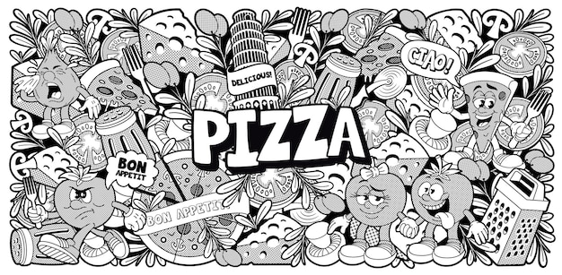 Doodle De Fundo Preto E Branco Para Um Tema De Pizzaria | Vetor Premium