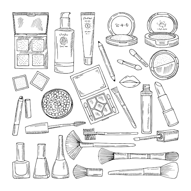 Doodle ilustrações de cosméticos de mulher. maquiagem ferramentas para mulheres bonitas Vetor Premium