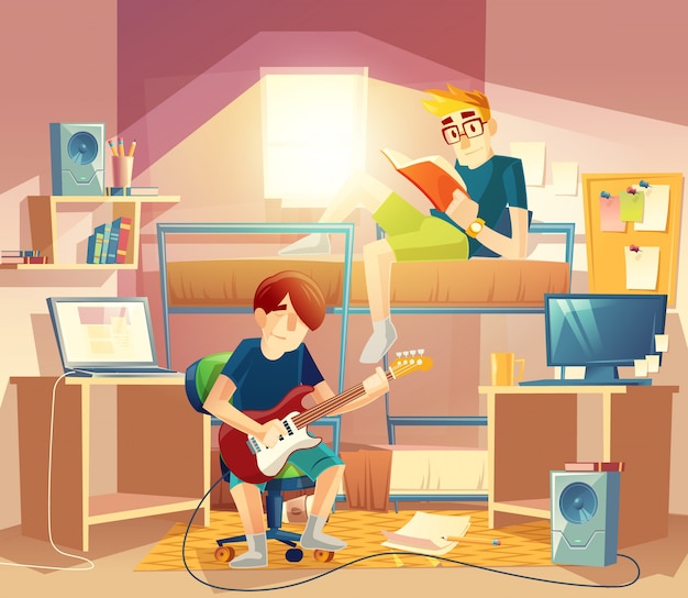 Dormitório com companheiros de quarto, beliche, computadores, mesa, alto-falantes, estantes Vetor grátis