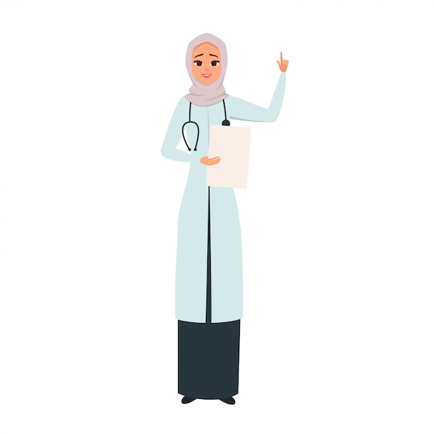 Doutor de sorriso no hijab com sua mão acima como um sinal da atenção. Vetor Premium
