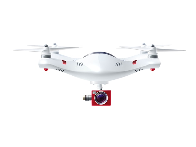 Drone branco com câmera vermelha Vetor grátis