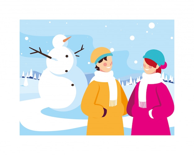 Duas pessoas com boneco de neve na paisagem de inverno Vetor Premium
