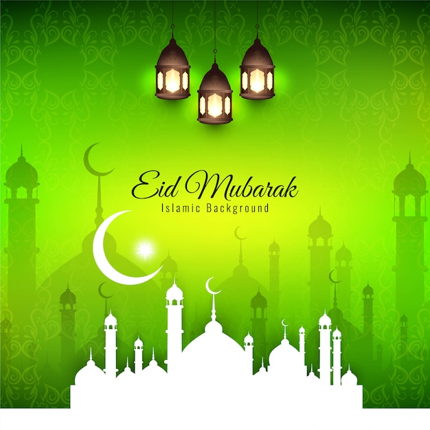 Eid mubarak, silhuetas islâmicas religiosas com fundo verde Vetor grátis