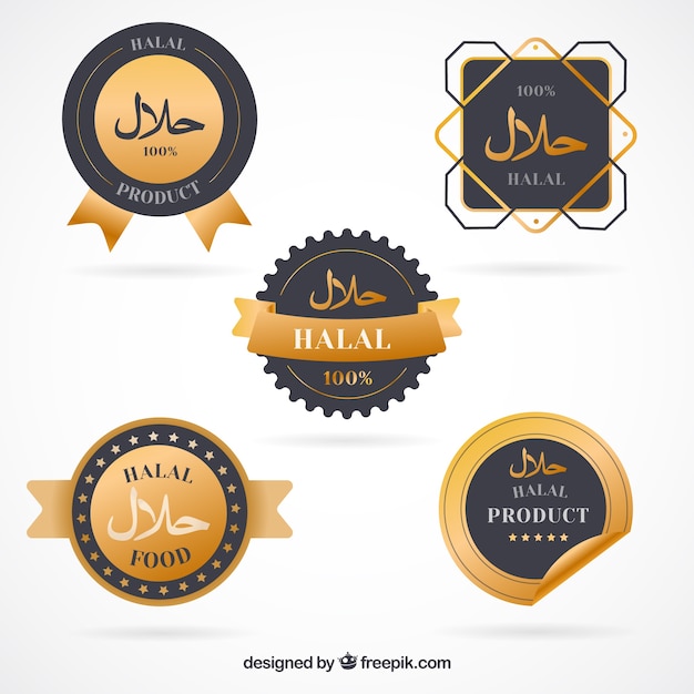 Elegante conjunto de rótulos de comida halal com estilo dourado Vetor grátis