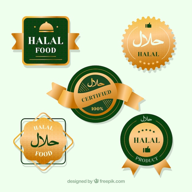 Elegante conjunto de rótulos de comida halal com estilo dourado Vetor grátis