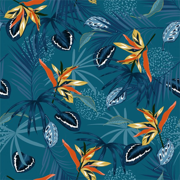 Elegante padrão sem emenda vector escuro selva tropical e folhas de palmeira monótona, palnts exóticas com design floral de pele de animal Vetor Premium