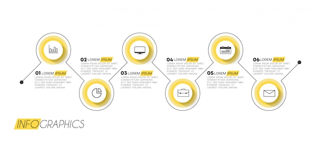 Elemento infográfico com 6 opções ou etapas. pode ser usado para processo, apresentação, diagrama, layout de fluxo de trabalho, gráfico de informação, design web. Vetor Premium
