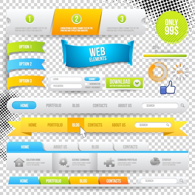 Elementos da web, botões e rótulos. navegação no site. Vetor Premium