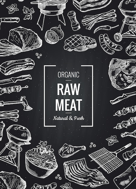 Elementos de carne monocromático mão desenhada reuniram-se com lugar para texto no quadro negro Vetor Premium