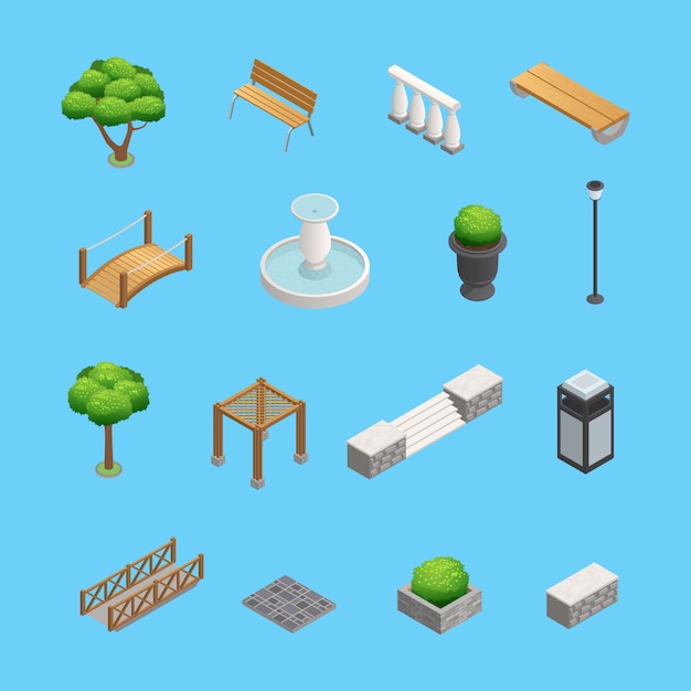 Elementos isométricos de paisagismo para jardim e parque design com árvores de plantas e objetos isolados na Vetor grátis
