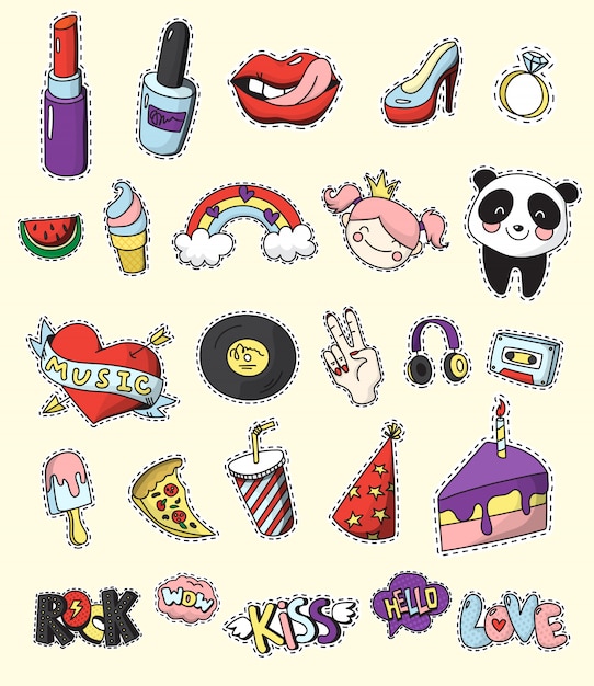 Emblema de remendo de moda colorida e isolada conjunto dos desenhos animados e estilo de quadrinhos dos anos 80-90 Vetor grátis