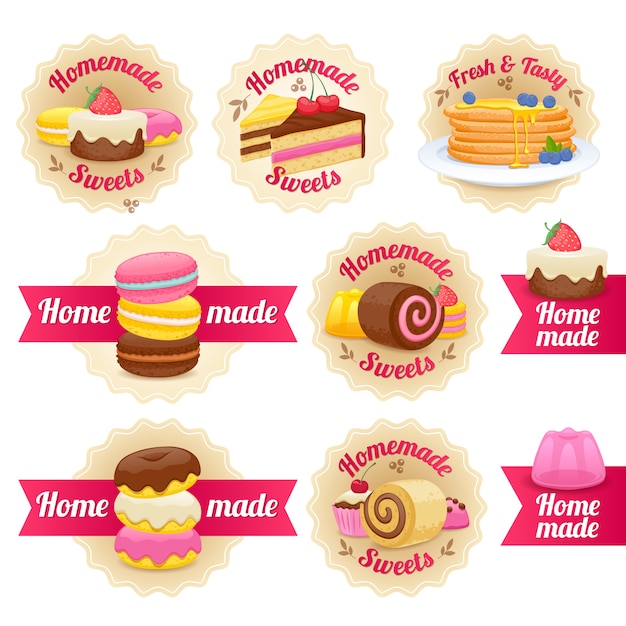 Emblemas de rótulos de doces caseiros com conjunto de fitas. Vetor Premium