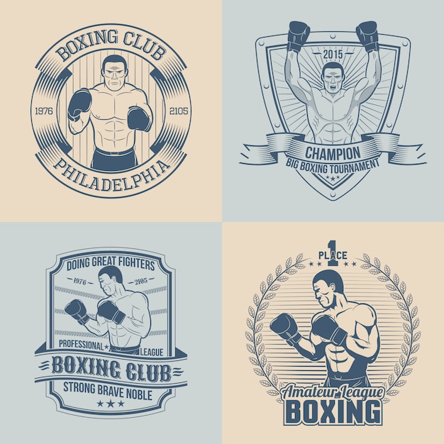 Emblemas sobre o tema boxe - redondo, triangular, retangular. logotipos de esportes com boxer. Vetor Premium