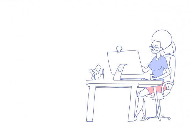 Empresária usando computador sente-se mesa escritório local trabalho mulher chef beber processo esboço doodle fêmea caráter horizontal Vetor Premium