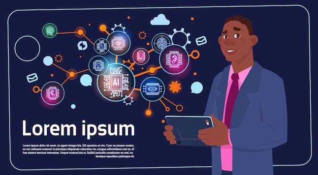 Empresário americano africano segurando o carrinho de apresentação sobre tela digital com gráficos e gráfico Vetor Premium