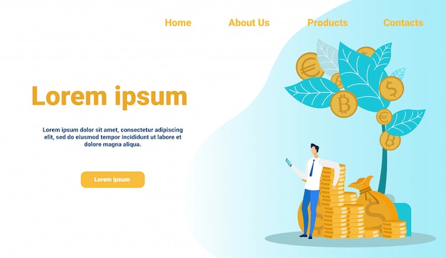 Empresário de pé com moedas sob a árvore do dinheiro. Vetor Premium